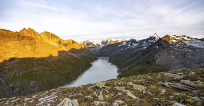 Picturesque mountain landscape at the summit Mont de la Blana at sunset, view of blue mountain