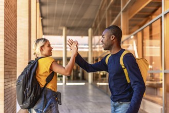 Multi-ethnic caucasian female and african male students high-fiving at the university