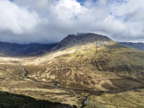 Fairy Pools and Waterfalls from a drone, Glen Brittle, Black Cuillin, Isle of Skye, Scotland,