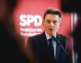 Rolf Mützenich, SPD parliamentary group leader, at a press statement in Berlin, 23 April 2024,
