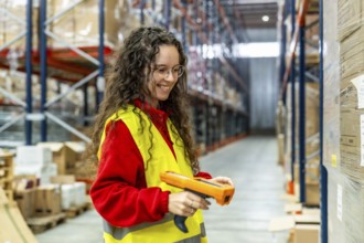 Happy young woman working scanning products in a distribution warehouse