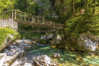 Tourists walking on a wooden bridge over tolminska river in the tolmin gorges, triglav national