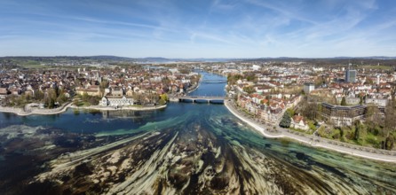 Aerial view, panorama of Lake Constance and the Seerhein also Rhine funnel at low water with the
