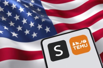 Temu and Shein app logo online marketplace from China with USA United States of America flag online