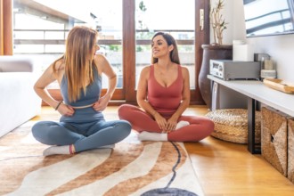Two friends engaging in yoga and meditation at home, participating in an online class in a bright,
