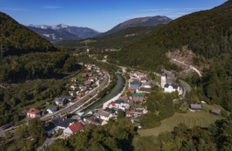 Drone image, river Traun, view of town with parish church, Lauffen, Salzkammergut, Upper Austria,
