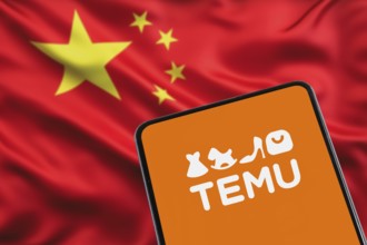 Temu Logo Online marketplace from China with Chinese flag Online trade Ecommerce on a mobile phone