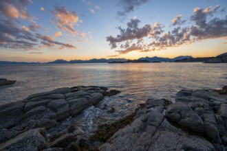 Rocky coast, coastal landscape at sunset, Henningsvær, Lofoten, Nordland, Norway, Europe