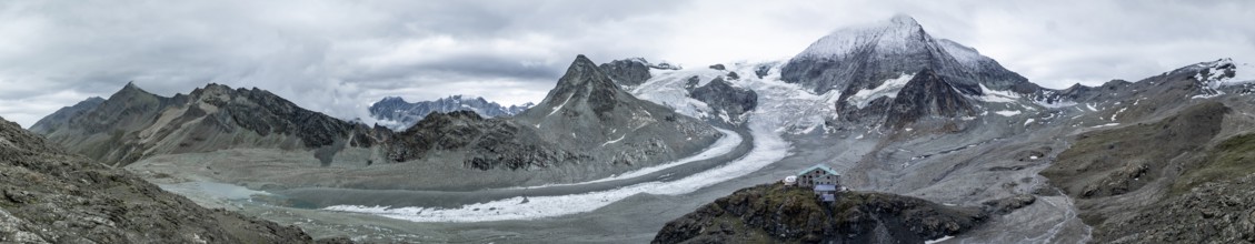 Aerial view, Alpine panorama, mountain hut Cabane des Dix, mountain landscape with glacier Glacier