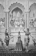 Dancers at the court of a maharaja, elegant movements, dance around a Buddha statue, male