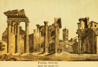Ruins of the Forum Nervae or Foro di Nerva, Nerva Forum in the 15th century, columns, archway,