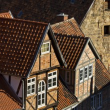 View from above onto the roofs of the old town, World Heritage City of Quedlinburg, Saxony-Anhalt,