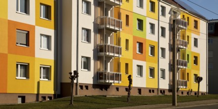 Geometrically and colourfully designed apartment buildings of a housing association, Halberstadt,
