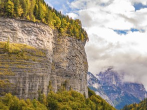 Steep rock face with autumn-coloured forest at the foot and partly cloudy sky, Switzerland, Europe