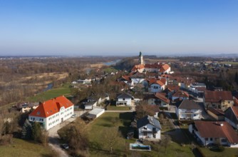 Drone shot, view of the village with Augustinian monastery Reichersberg, Reichersberg, Innviertel.