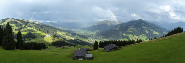 Alpine panorama in summer, rainbow, alpine hut, view over the Brixen valley, Hochbrixen, Brixen im
