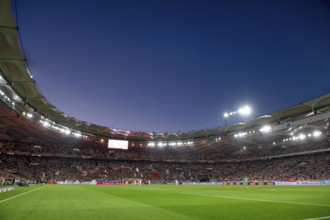 Long shot, overview, floodlight match, blue hour, Cannstatter Kurve, MHPArena, MHP Arena Stuttgart,