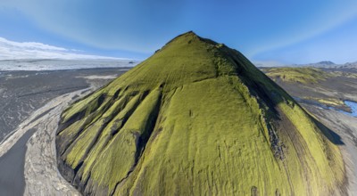 Aerial view, Mælifell mountain covered with moss, Maelifell, black sand desert Mælifellssandur,