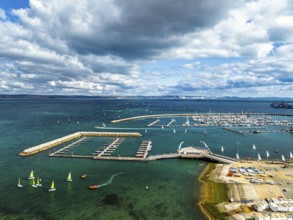 Sailboats on Portland Branch RNSA Moorings from a drone, Portland Harbour and Marina, Portland,