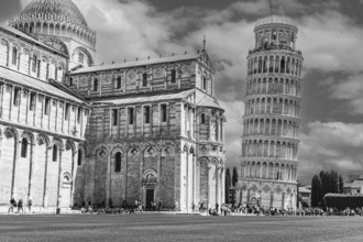 The Cathedral of Santa Maria Assunta and the Leaning Tower, black and white photograph, Pisa,