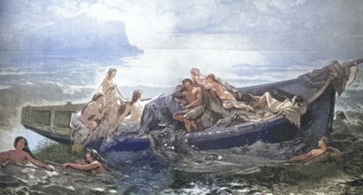 The Fisherman and the Mermaids, Fisherman distracted from his work by the mermaids, 1880, after a