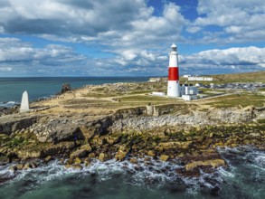 Portland Bill Lighthouse from a drone, Portland Bill, Isle of Portland, Dorset, England, United