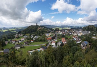 Drone shot, view of the town, Waxenberg castle ruins, Waxenberg, Mühlviertel, Upper Austria,
