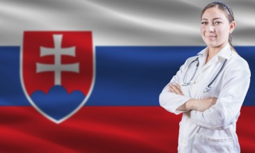 Female doctor on Slovakian flag. Doctor with crossed arms on Slovakian flag. Slovakia health and