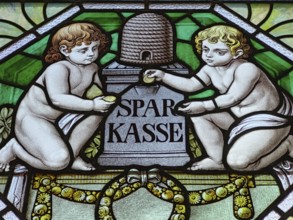 Stained glass window with savings bank motif, Art Nouveau, Quedlinburg, Saxony-Anhalt, Germany,