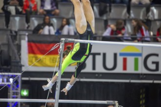 EnBW DTB-Pokal Stuttgart 2025, Mixed Cup***Janoah Müller warming up on the uneven bars