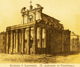 Church Ecclesia S. Laurentii, Temple of Antoninus Pius and Faustina, title, forecourt with columns,