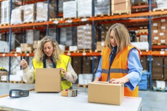 Two female distribution warehouse employees prepares packages to deliver