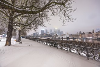 The skyscrapers of Frankfurt's banking skyline rise up from the snow-covered city centre into the