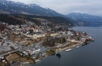 Drone shot, view of the town, Millstatt Abbey, Millstatt, Lake Millstatt, Carinthia, Austria,