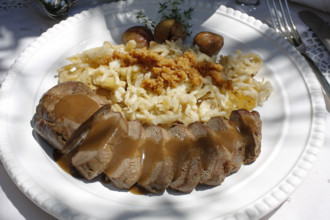 Swabian cuisine, roast venison with spaetzle, chestnuts and breadcrumbs, breadcrumbs, saddle of