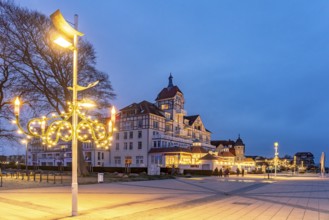 Baltic Sea promenade at Baltic Platz with Christmas lights in the Baltic seaside resort of