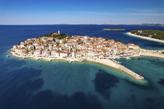 The peninsula with the old town centre of Primosten seen from the air, Croatia, Europe