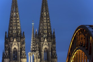 Cologne Cathedral and the Hohenzollern Bridge illuminated with LED lights, Cologne, North