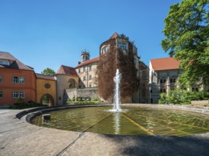 Droyßig Castle with fountain, Saxony-Anhalt, Germany, Europe