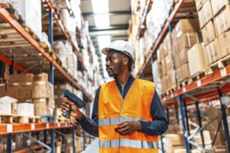 African man scanning parcels doing inventory with wireless scan in a warehouse