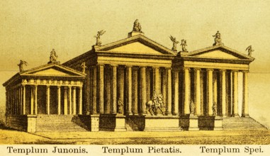 Templum Juninis, Templum Pietatis, Templum Spei, temple, columns, statues, stairs, equestrian