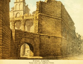 Wall ruin on the Forum Augusti or Foro di Augusto, Augustus Forum, church, title, ancient Rome,