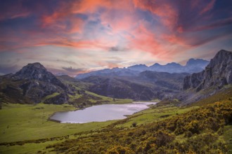 The beautiful lake of Covadonga in Asturias, a beautiful spring sunset, Picos de Europa. Spain