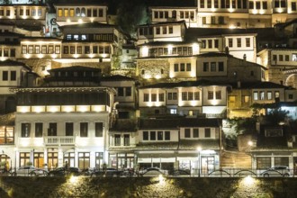 Detail of houses in the illuminated historic town of Berat in Albania, UNESCO, the city of a