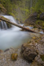 A tree trunk lies across a waterfall, long exposure, Dolomites, Puez-Geisler nature park Park, St.