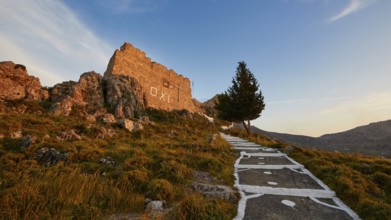 Warm evening light, path leading to a ruin with a single tree under a clear sky, Archangelos,