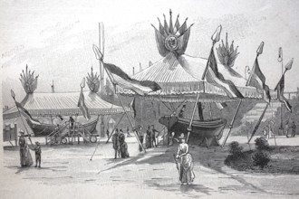 Exhibition on accident prevention in Berlin 1889, lifeboat with trolley and steam lifeboat, digital