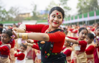 Participants with an instructor dance on the final day of a Bihu dance workshop ahead of Rongali