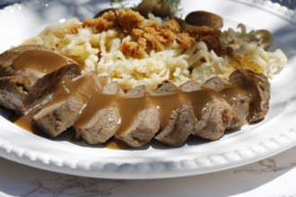 Swabian cuisine, roast venison with spaetzle, chestnuts and breadcrumbs, breadcrumbs, saddle of