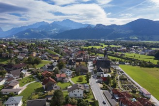 Drone image, view of village with church, Puch near Hallein, Salzachtal, Tennengau, Salzburg